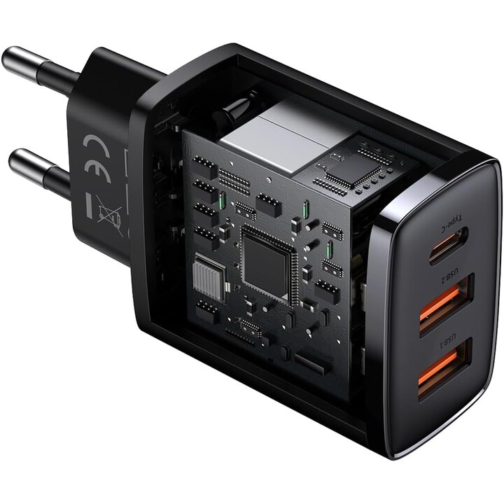 Carregador rápido compacto Baseus, 30 W 2x USB-A 1x USB-C PD 3.0 QC 3.0, preto