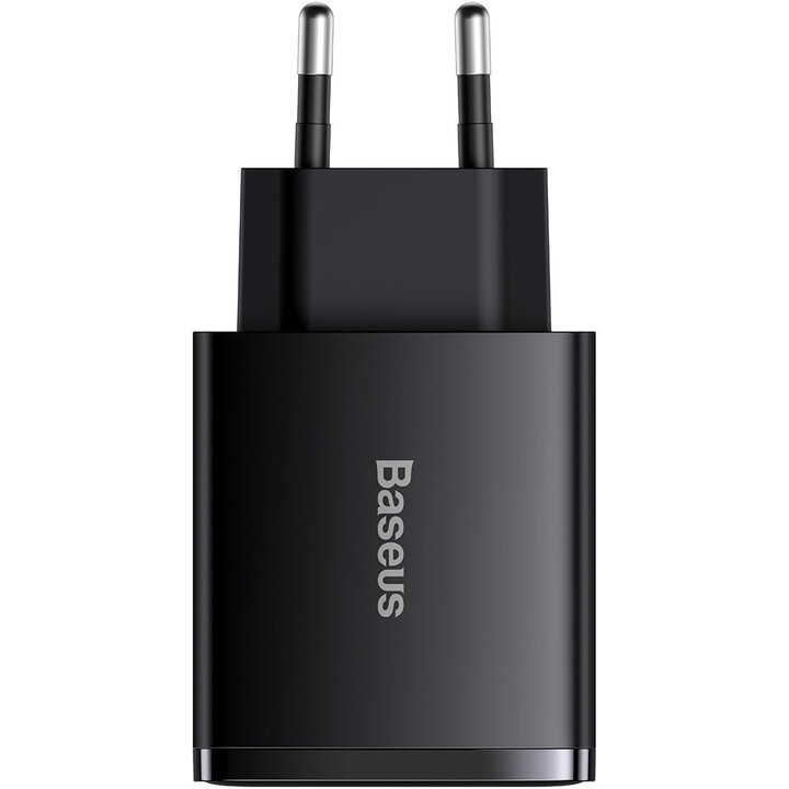 Carregador rápido compacto Baseus, 30 W 2x USB-A 1x USB-C PD 3.0 QC 3.0, preto