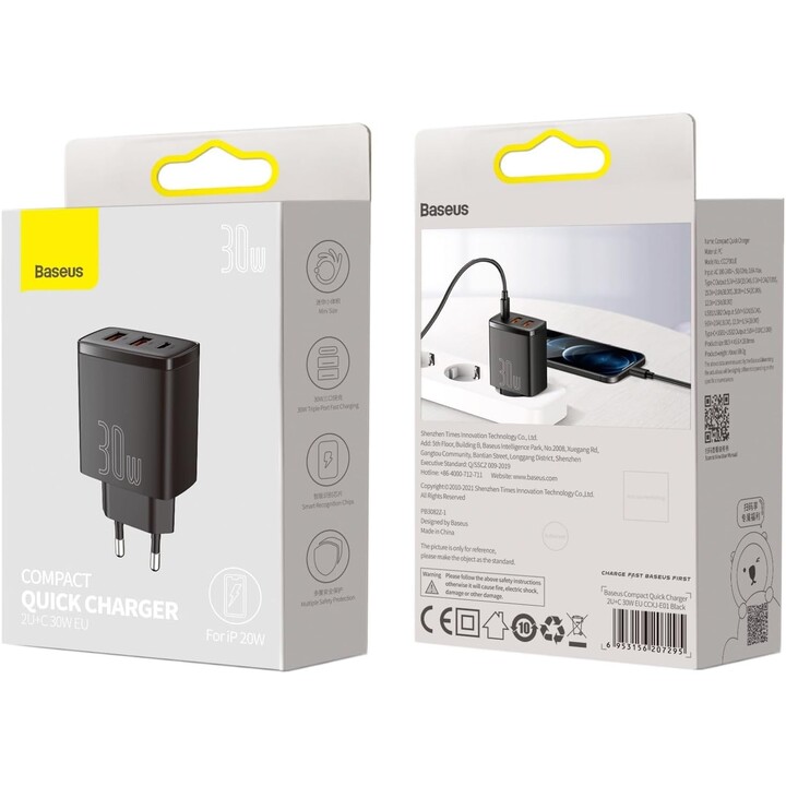 Carregador rápido compacto Baseus, 30 W 2x USB-A 1x USB-C PD 3.0 QC 3.0, preto