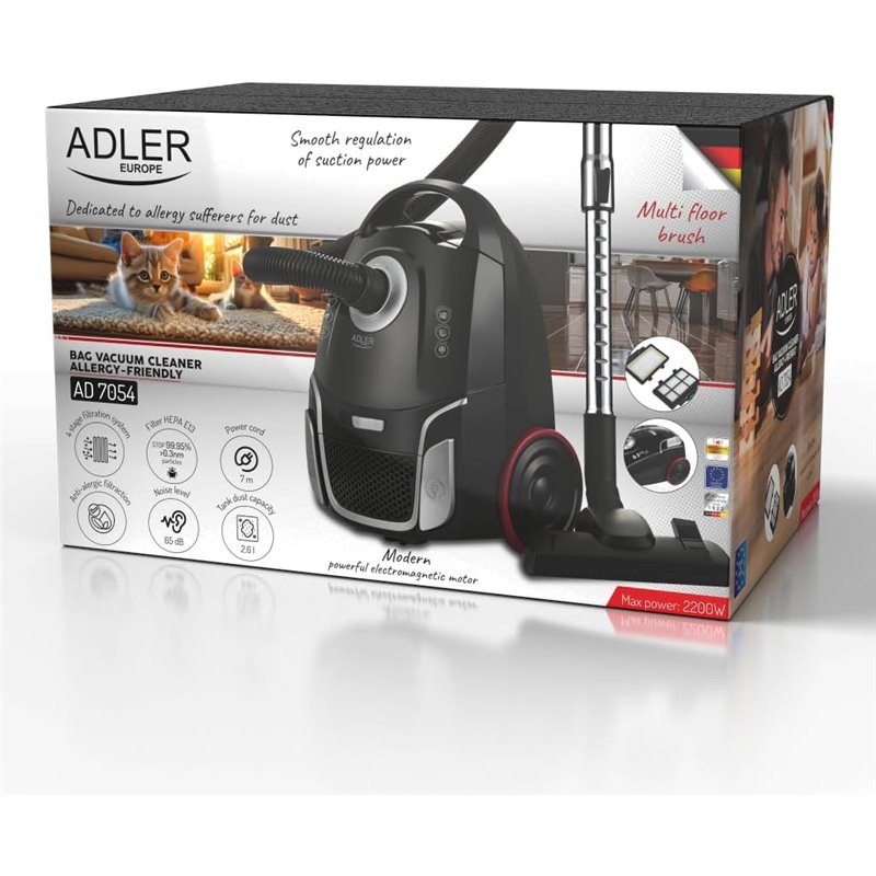Adler Aspirador de bolsa Apto para alérgicos Clásico, En bolsa, 2200W, Capacidad para polvo 2,6 L, Negro