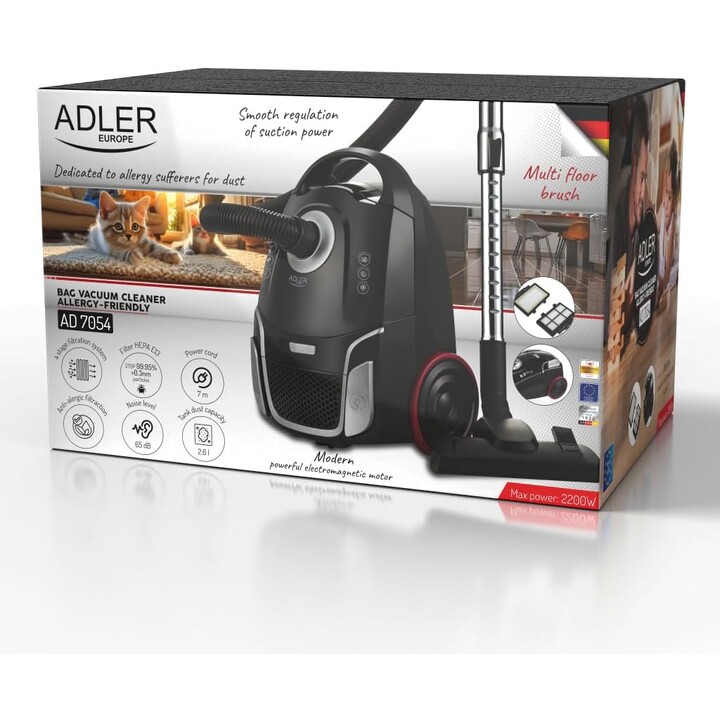Adler Bag Aspirapolvere Antiallergico Classico, Con sacco, 2200 W, Capacità polvere 2,6 L, Nero