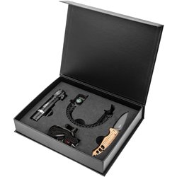 Set di 3 pezzi (lampada frontale 99-026, braccialetto di sopravvivenza 5 in 1 63-140, coltello pieghevole)