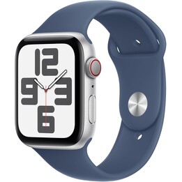 Apple Watch SE 2024 GPS Cellular 44mm Boîtier en aluminium argenté avec bracelet sport en denim - Taille S/M