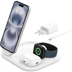 Belkin BoostCharge Chargeur magnétique pliable 3 en 1 avec 15 W Qi2, MagSafe, base antidérapante, blanc