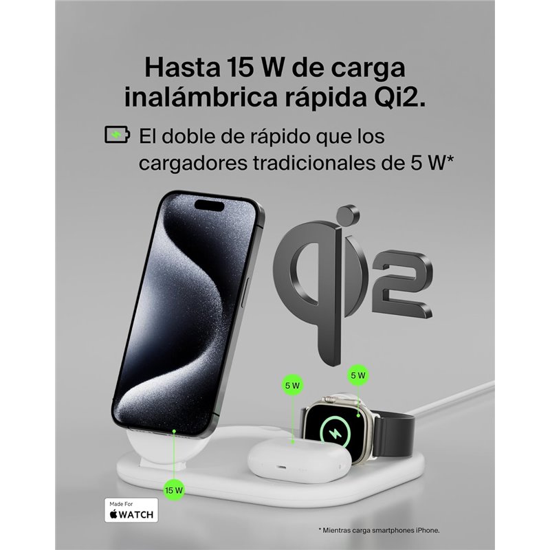 Belkin BoostCharge 3-in-1 Foldable Magnetic Charger with 15W Qi2, MagSafe, Non-Slip Base, White