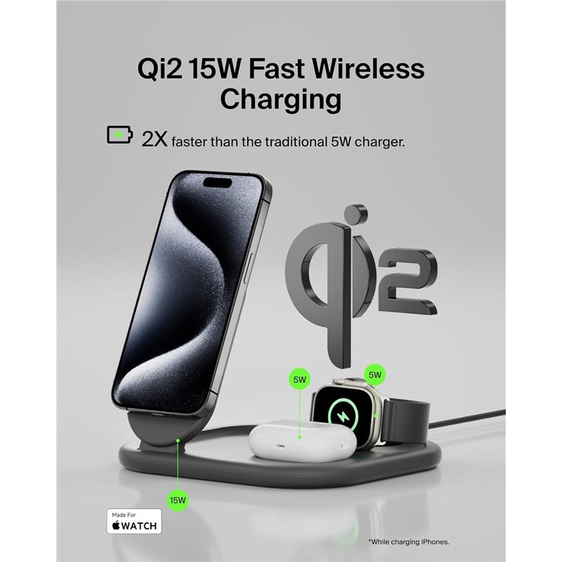 Belkin MagSafe Charger, BoostCharge 3-in-1 Magnetic Foldable Charger with Qi2 15W - MagSafe-Compatible Fast Charger