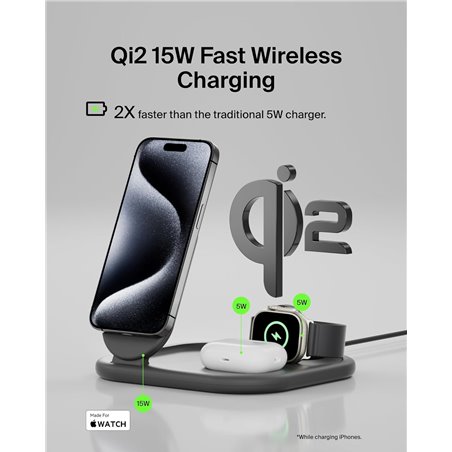 Belkin MagSafe Charger, BoostCharge 3-in-1 Magnetic Foldable Charger with Qi2 15W - MagSafe-Compatible Fast Charger