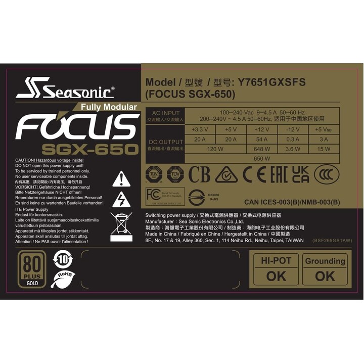 Seasonic FOCUS SGX-650 fonte de alimentação SFX/ATX 650 W 80+ Gold preta