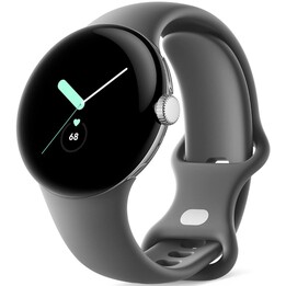 Google Pixel Watch, Android-Smartwatch, poliertes silbernes Edelstahlgehäuse mit anthrazitfarbenem Sportarmband, WLAN