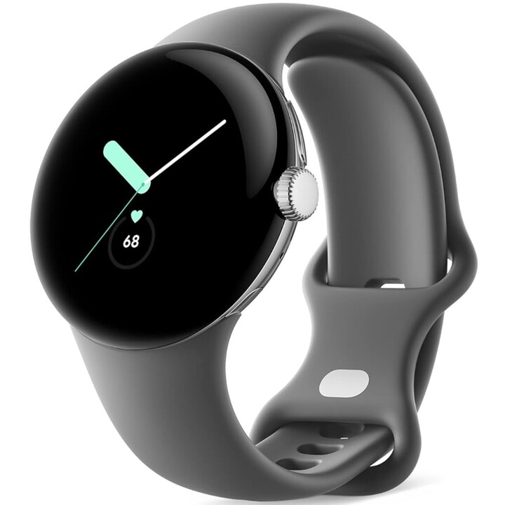 Google Pixel Watch, Android SmartWatch, Polished Silver Stainless Steel Case with Charcoalan Sports Bracelet, Wifi