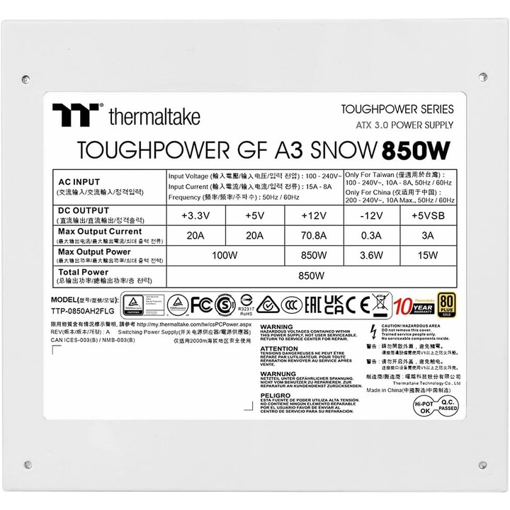 Thermaltake Toughpower GF1 Snow 80 Plus Gold 850W Modulare