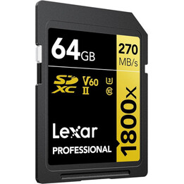 Cartes Lexar 64 Go Professional 1800x Sdxc Uhs-ii, jusqu´à 280 Mo/s en lecture 210 Mo/s en écriture C10 V60 U3