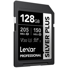Schede Lexar Professional Silver Plus Sdxc Uhs-i da 128GB, fino a 205 MB/s in lettura 150 MB/s in scrittura C10 V30 U3