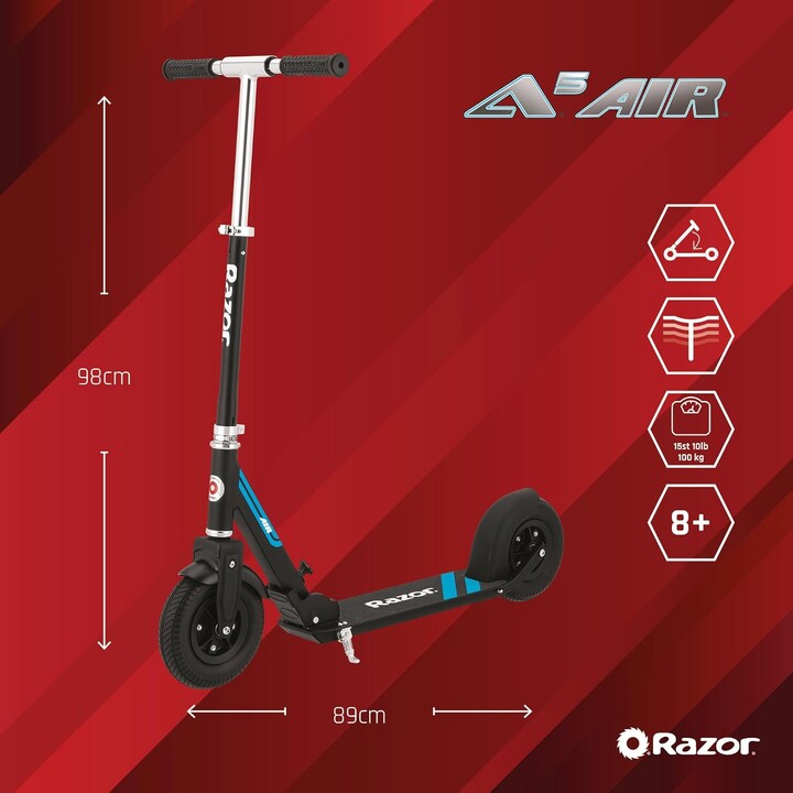 Razor A5 Air, monopattino per adulti e ragazzi, manubrio regolabile in altezza con anti-sonaglio, meccanismo pieghevole