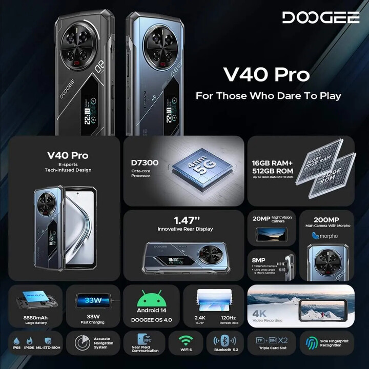 Doogee V40 Pro 5G, telefone robusto, tela de 6,78 polegadas, 16GB de RAM, 512 GB de armazenamento, prata
