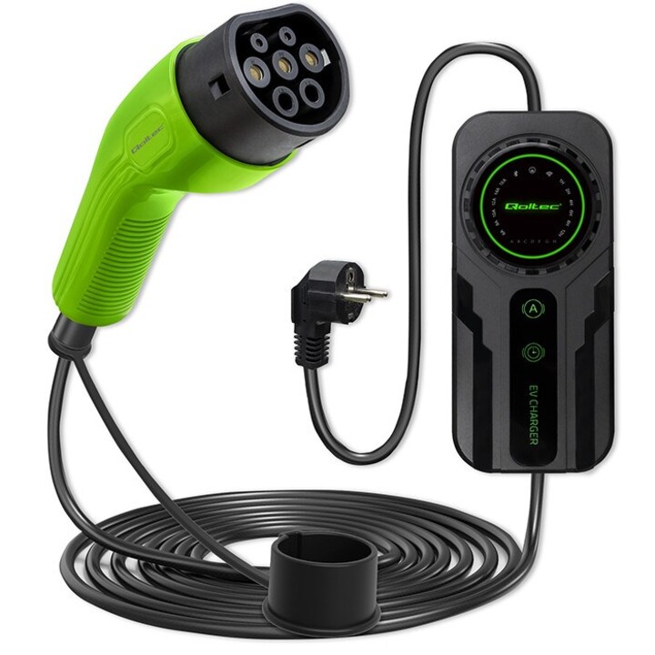 Caricabatteria per auto Qoltec Mobile EV regolabile 2in1 tipo2 | SCHUKO | 3,5kW| 230 V | LCD | Portatile | Scatola a muro | 5m