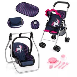 PROMO Bayer Poussette landau pour poupées bleu marine avec licorne avec accessoires 21554AB