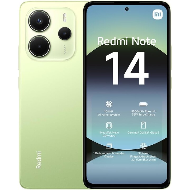 Xiaomi Redmi Note 14, 8+256GB, Sistema de cámara AI de 108MP, Batería de 5500mAh, Funciones AI, Verde
