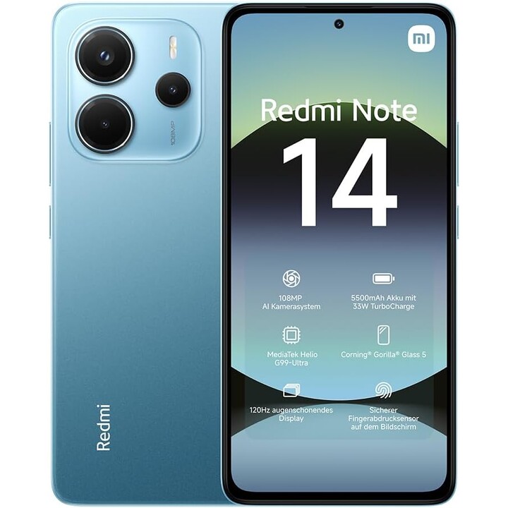 Xiaomi Redmi Note 14, 8+256GB, Sistema de cámara AI de 108MP, Batería de 5500mAh, Funciones AI, Azul