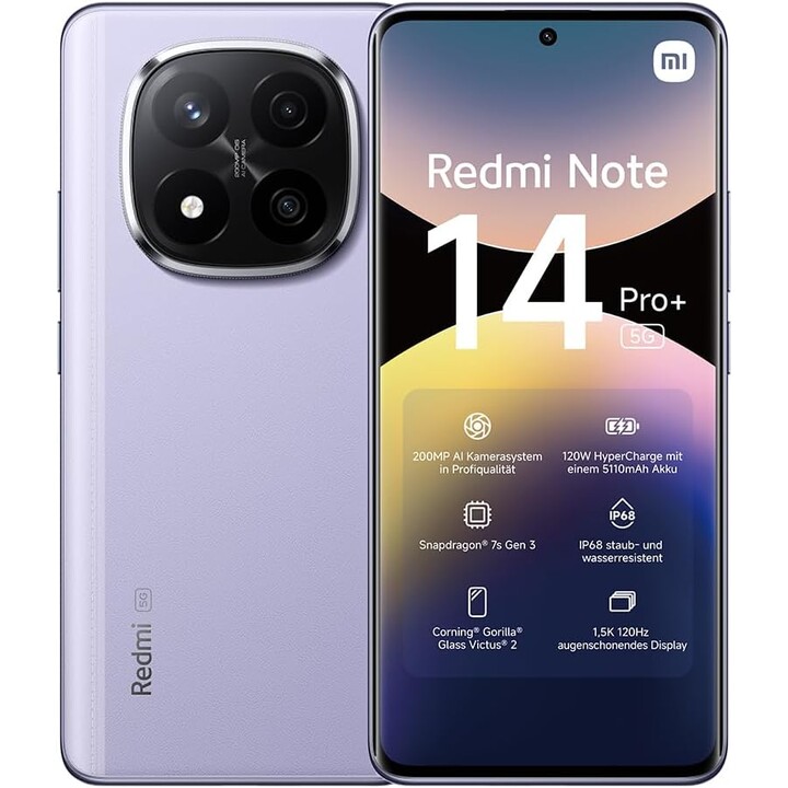 Xiaomi Redmi Note 14 Pro Plus 5G, 8+256 GB, 200 MP AI-Kamera, 120 W HyperCharge, AI-Funktionen, Lila