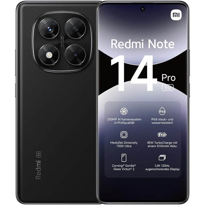 Xiaomi Redmi Note 14 Pro 5G, 8+256GB, Cámara AI de 200MP, Batería de 5110mAh, Funciones AI, Negro
