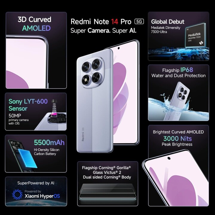Xiaomi Redmi Note 14 Pro 5G, 8+256GB, Cámara AI de 200MP, Batería de 5110mAh, Funciones AI, Morado