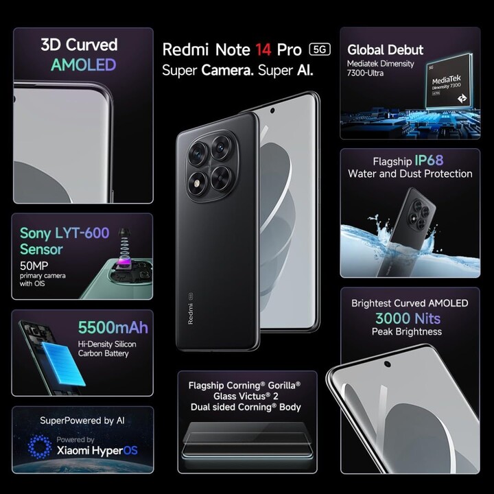 Xiaomi Redmi Note 14 Pro 5G, 12+512GB, Cámara AI de 200MP, Batería de 5110mAh, Funciones AI, Negro