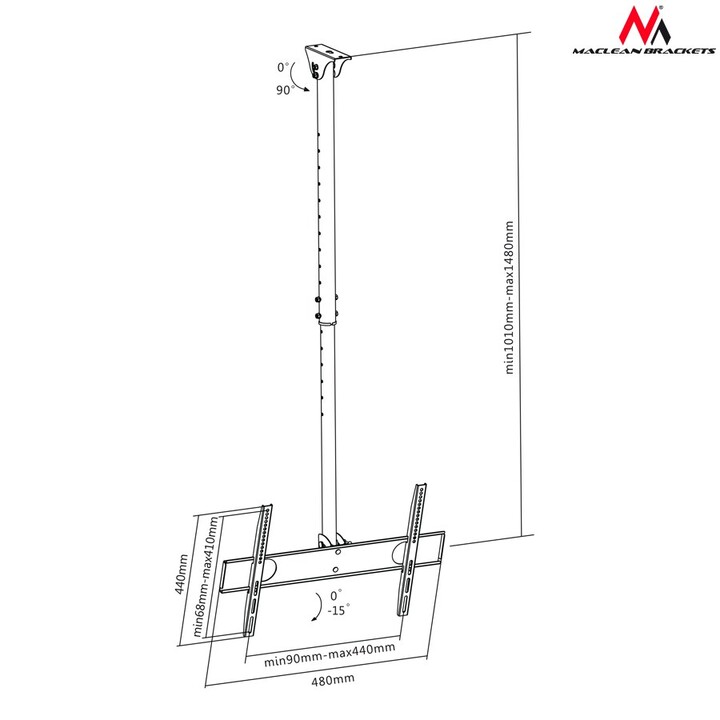 Maclean MC-631 - Soporte de techo para pantalla LCD LED TV 32-55", 50kg, VESA Ajustable 90°