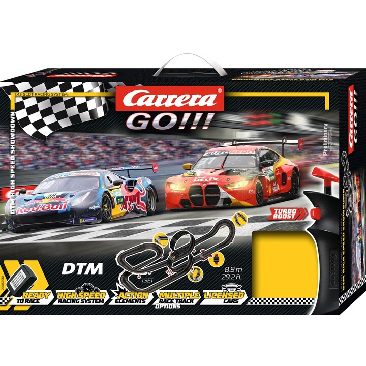 Carrera GO!!! DTM High Speed Showdown pista de corrida preta, azul e vermelha