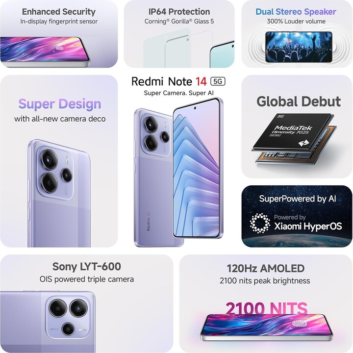 Xiaomi Redmi Note 14 5G, 6+128 GB, sistema di telecamere AI da 108 MP, batteria da 5500 mAh, caratteristiche AI, viola