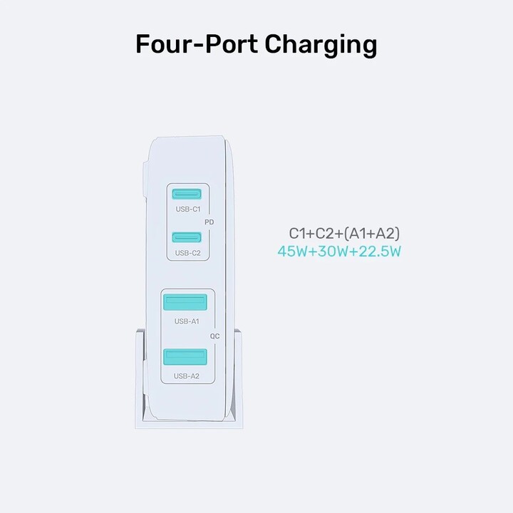 Cargador de red GaN - Unitek P1229AWH01-EU | 100W 2x USB-C 2x USB-A