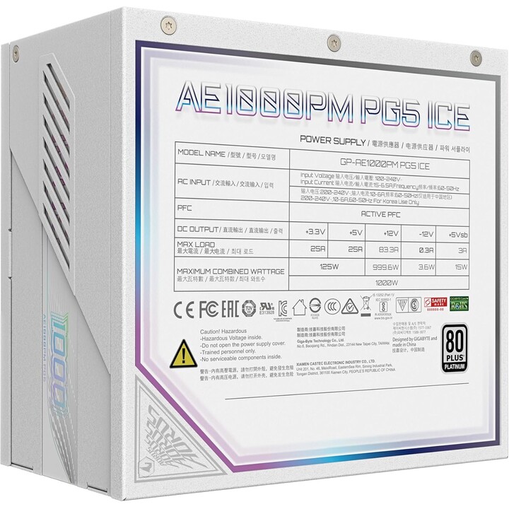 GIGABYTE AORUS ELITE P1000W ICE Power Supply - PCIe 5.0, 80 PLUS Platinum, Fully Modular Design, Fan