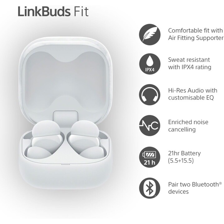 Casque sans fil Sony LinkBuds Fit/ avec microphone/ Bluetooth/ Blanc