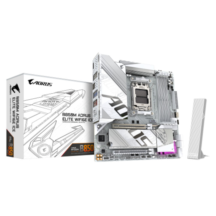 Carte mère Gigabyte B850m Aorus Elite Wifi6e Ice - Processeurs AMD Ryzen série 9000, 12+2+1 phases Vrm numériques, jusqu´à 8