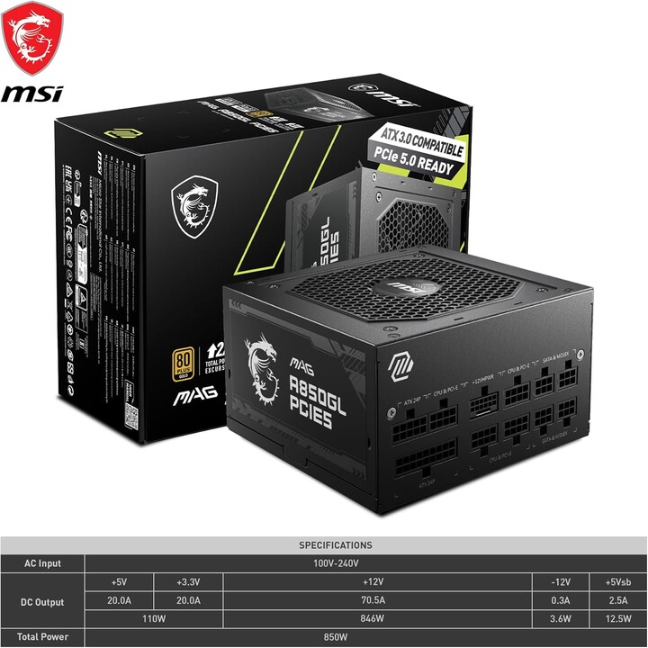 MSI MAG A850GL PCIE5 II 80 Plus Dourado 850 W ATX 3.0 PCIE 5.0 Modular Preto