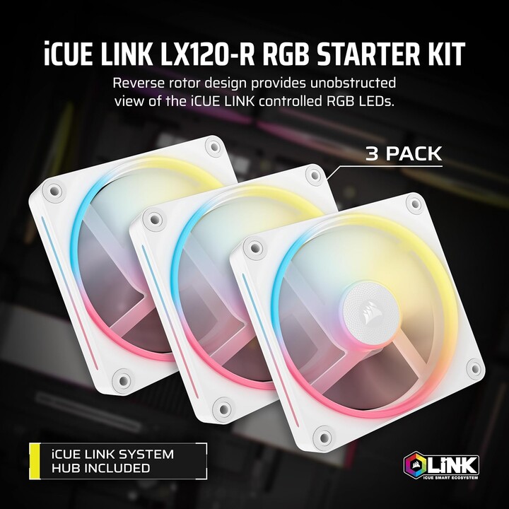 Corsair iCUE LINK LX120-R RGB reverso PWM 120 mm pacote triplo branco