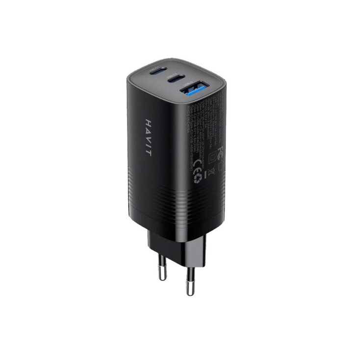 Havit UC20 - Cargador de viaje GaN de 65 W y tres puertos, negro