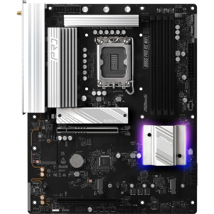 Asrock B860 Pro Rs Wifi-Motherboard, Intel, 1851, B860, 4 DDR5, 256 GB, 1 HDMI + 1 DP, 4 SATA3 + 2 M.2, 2,5 GB LAN, WLAN6e + BT5
