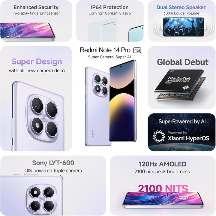 Xiaomi Redmi Note 14 Pro, 4G Smartphone 12+512GB, 50 Million Pixels, NFC Function, Purple