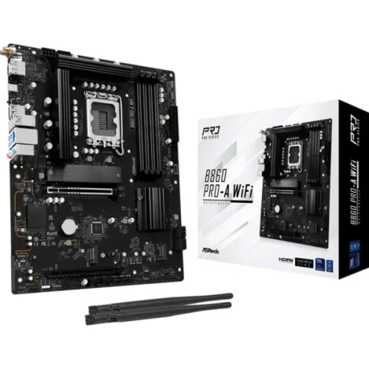 Asrock B860 Pro-a Wifi board, intel,1851,b860,4ddr5,256gb,1hdmi+1dp,4sata3+2m.2,2.5gblan,wifi6e+bt5.3,8usb3.2+2usb Type-c,atx