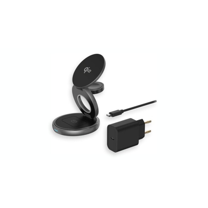 Twist 3 em 1, estação de carregamento sem fio Qi2 para iPhone (15 W), AppleWatch (2,5 W) e AirPods (5 W), certificação Qi2, base