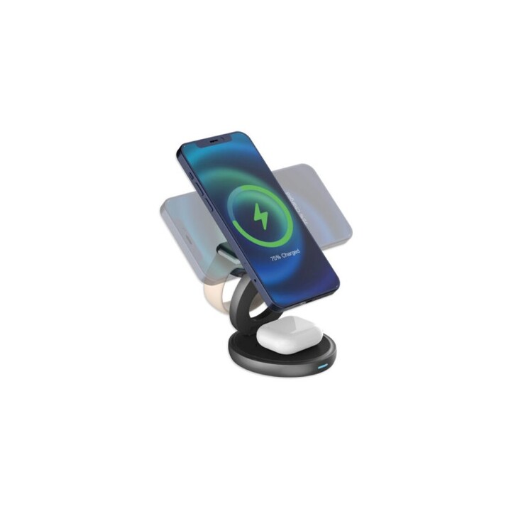 Estación de carga inalámbrica Qi2 Twist 3 en 1 para iPhone (15 W), AppleWatch (2,5 W) y AirPods (5 W), con certificación Qi2, al