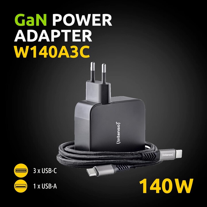 Intenso W140A3C GaN Ladegerät 3xUSB-C und USB-A Schwarz