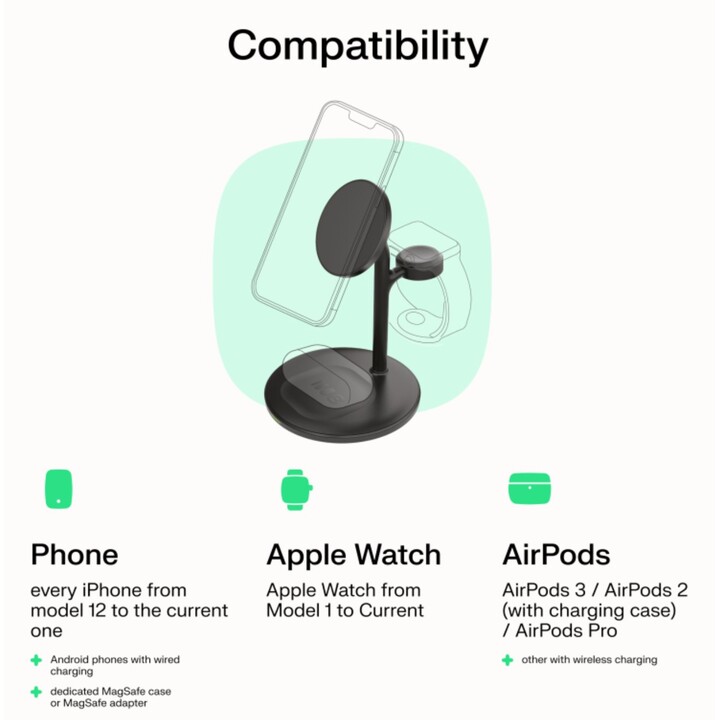 Greencell MagScape Carregador sem fios 3-em-1 MagSafe para iPhone, Apple Watch e AirPods Branco