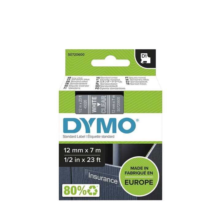 DYMO D1 - Standardetiketten - Weiß auf Transparent - 12mm x 7m