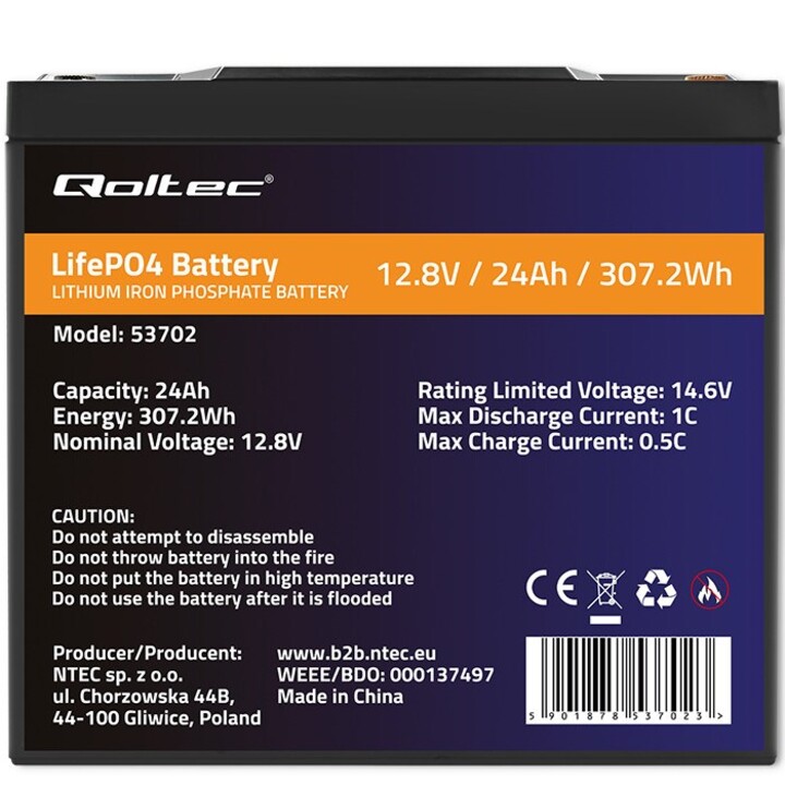 Qoltec 53702 LiFePO4 Lithium Iron Phosphate Battery | 12.8V | 24Ah | 307.2Wh | BMS