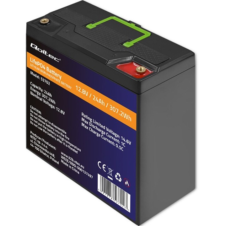 Qoltec 53702 LiFePO4 Lithium Iron Phosphate Battery | 12.8V | 24Ah | 307.2Wh | BMS