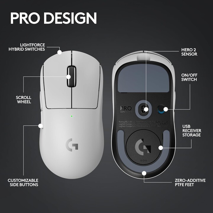 Logitech G Pro X Superlight 2 LightSpeed, mouse de jogos sem fio, 60g, sensor Hero 2, 44K DPI, USB-C, PC/Mac, Branco