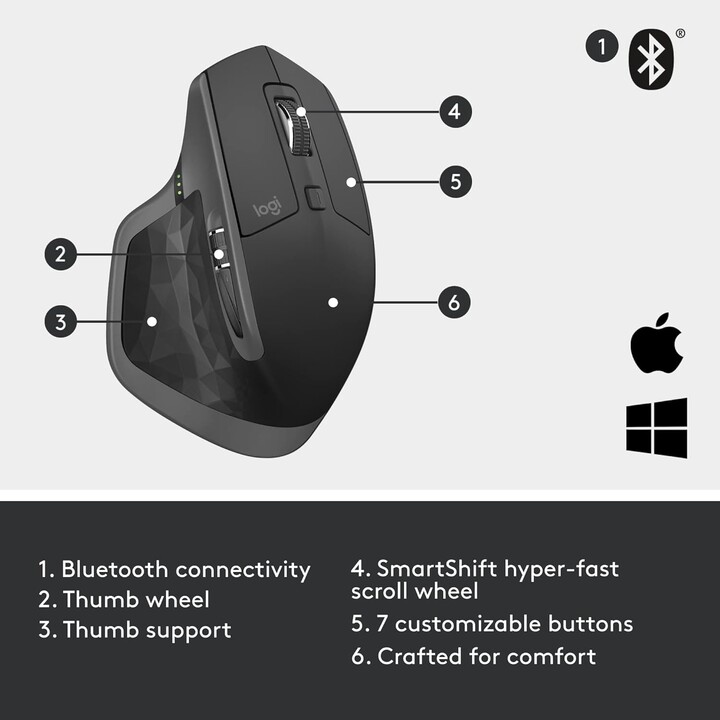 Logitech MX Master 2S, Bluetooth Edition Wireless Mouse, desplazamiento hiper-rápido, recargable, conecta hasta 3, Graphite
