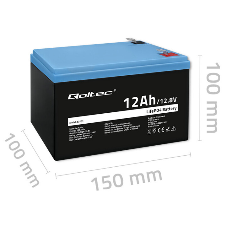 Qoltec Lifepo4 Batería de fosfato de hierro de litio, 12.8V, 12AH, 153.6Wh, BMS